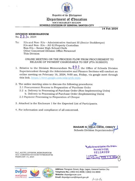 Division Memorandum No. 233, S. 2024.